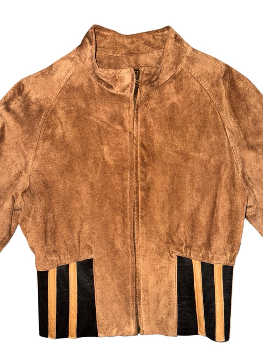 Cognac Suede Bomber Jacket with Striped Elastic Waist - Picture 3 of 11